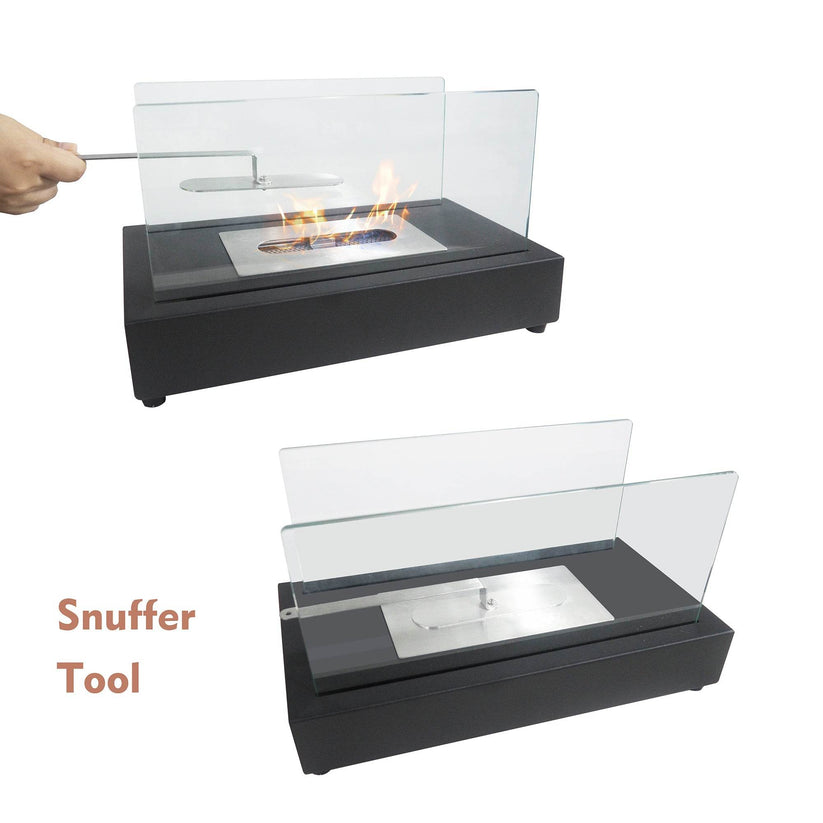 Tabletop fireplace with glass and snuffer tool for safe indoor use