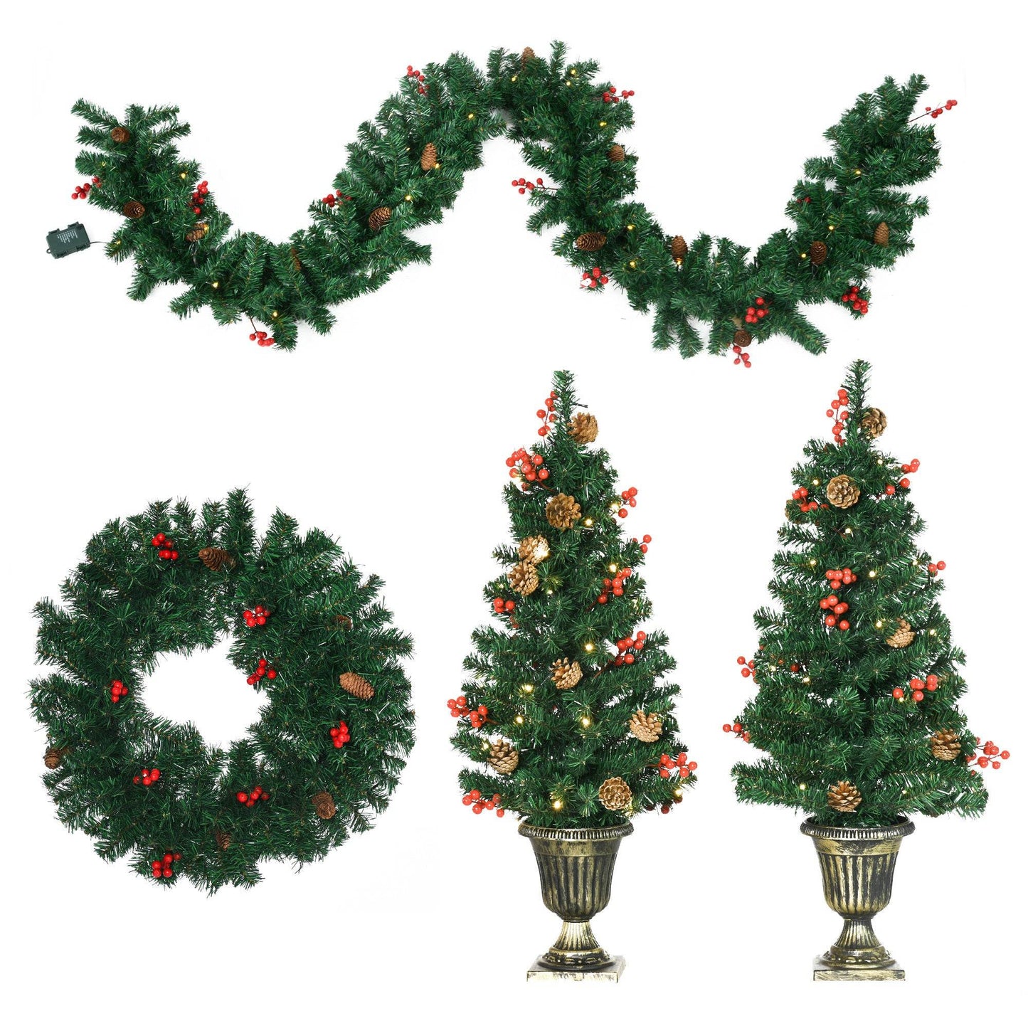 MLNshops Prelit Christmas Wreath and Garland Set with Pinecones