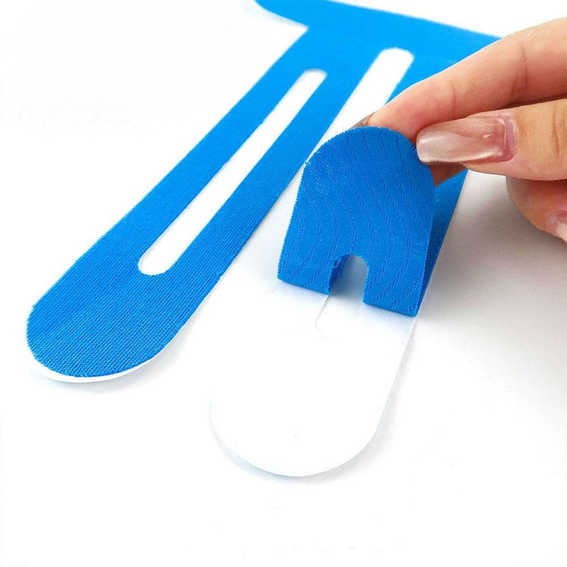Close-up of adhesive peel on blue breathable elastic knee tape