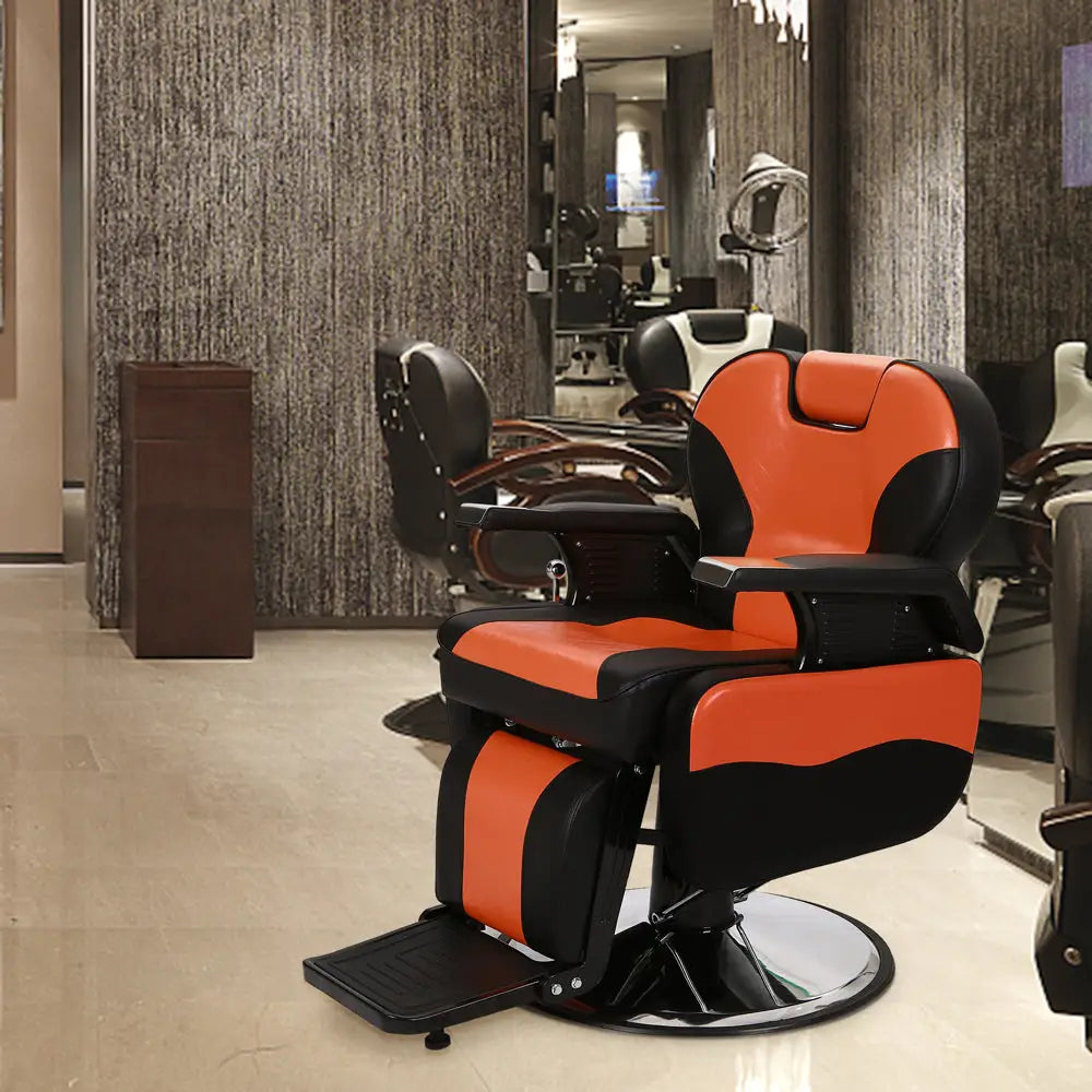 PVC Leather Cover, Wooden Armrest Shell, Iron Footrest, Disc With Footrest, Can Be Put Down 150kg, Barber Chair Orange MLNshops]