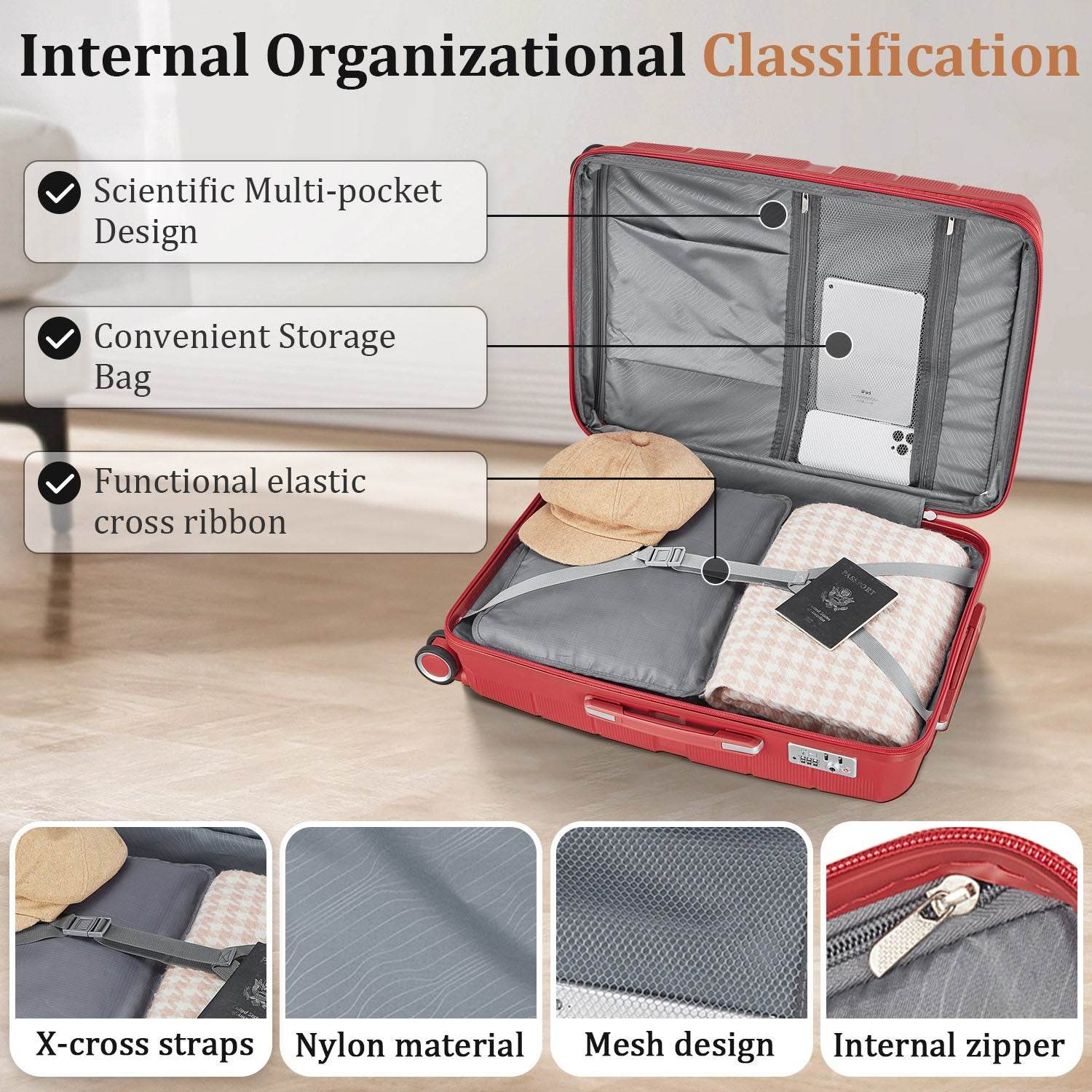 MLNshops 4 Piece Luggage Set - Durable Red Suitcase Travel Set