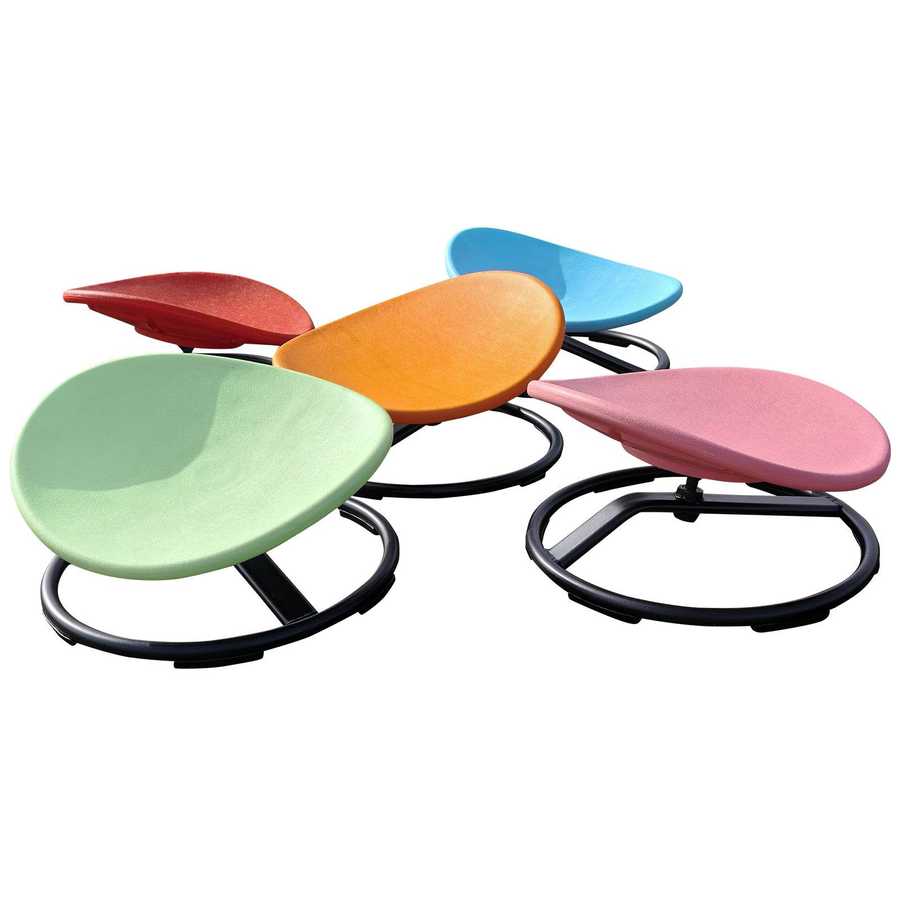 Five MLNshops Kids Sensory Swivel Chairs in assorted colors—orange, green, blue, pink, and red—ideal for sensory play and outdoor seating.