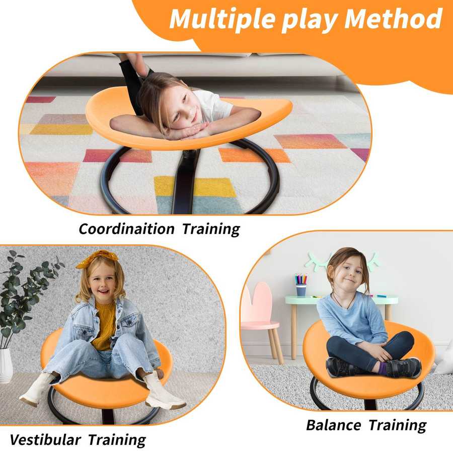 Three children using MLNshops Sensory Swivel Chair for coordination, vestibular, and balance training in a playful indoor setting.