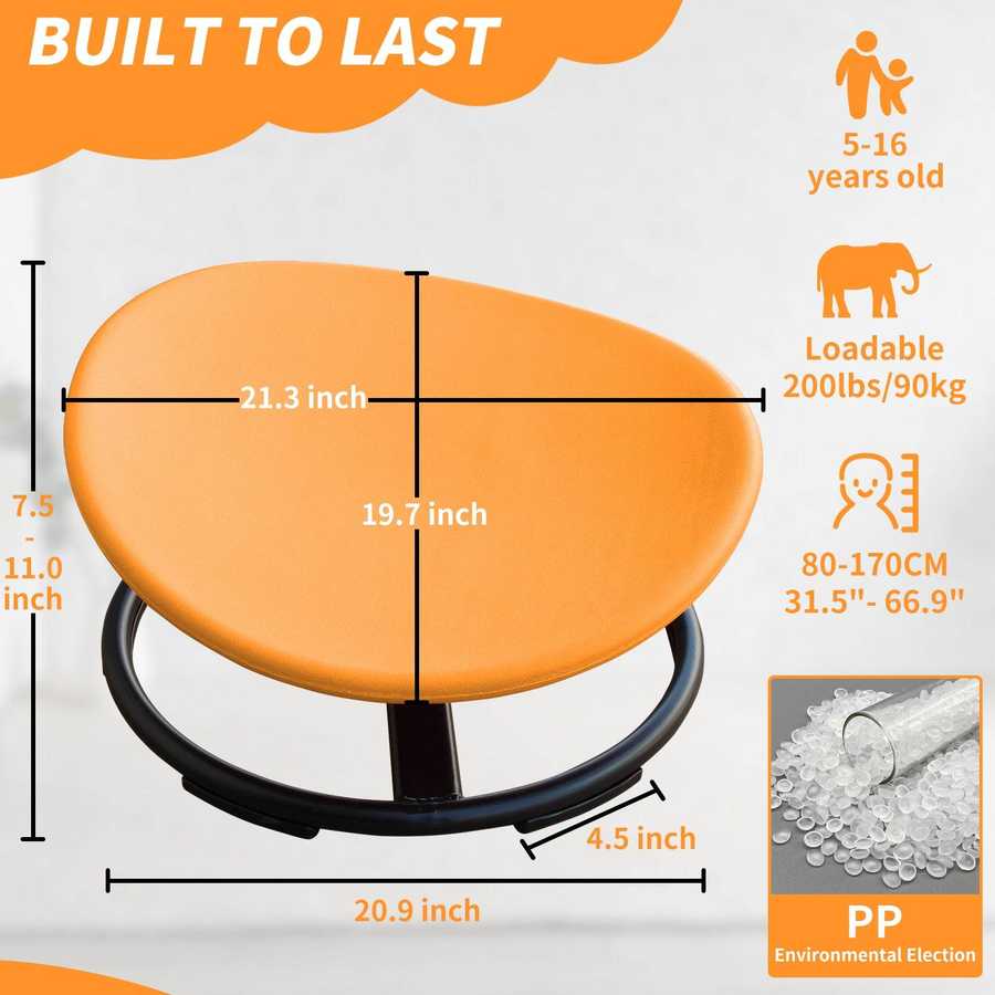 Dimensions and features of MLNshops Kids Sensory Swivel Chair, built for ages 5–16 with 200lbs capacity and eco-friendly PP material.