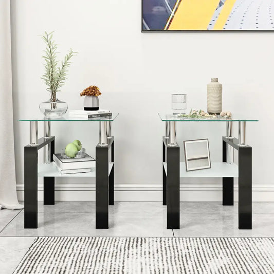 Set of 2, Modern Tempered Glass Tea Table Coffee Table End Table, Square Table for Living Room, Transparent/Black MLNshops]