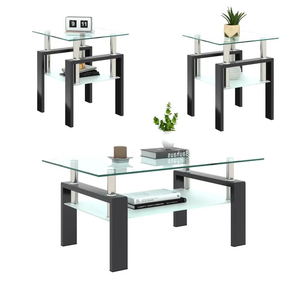 Set of 2, Modern Tempered Glass Tea Table Coffee Table End Table, Square Table for Living Room, Transparent/Black MLNshops]