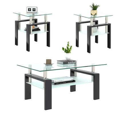 Set of 2, Modern Tempered Glass Tea Table Coffee Table End Table, Square Table for Living Room, Transparent/Black MLNshops]