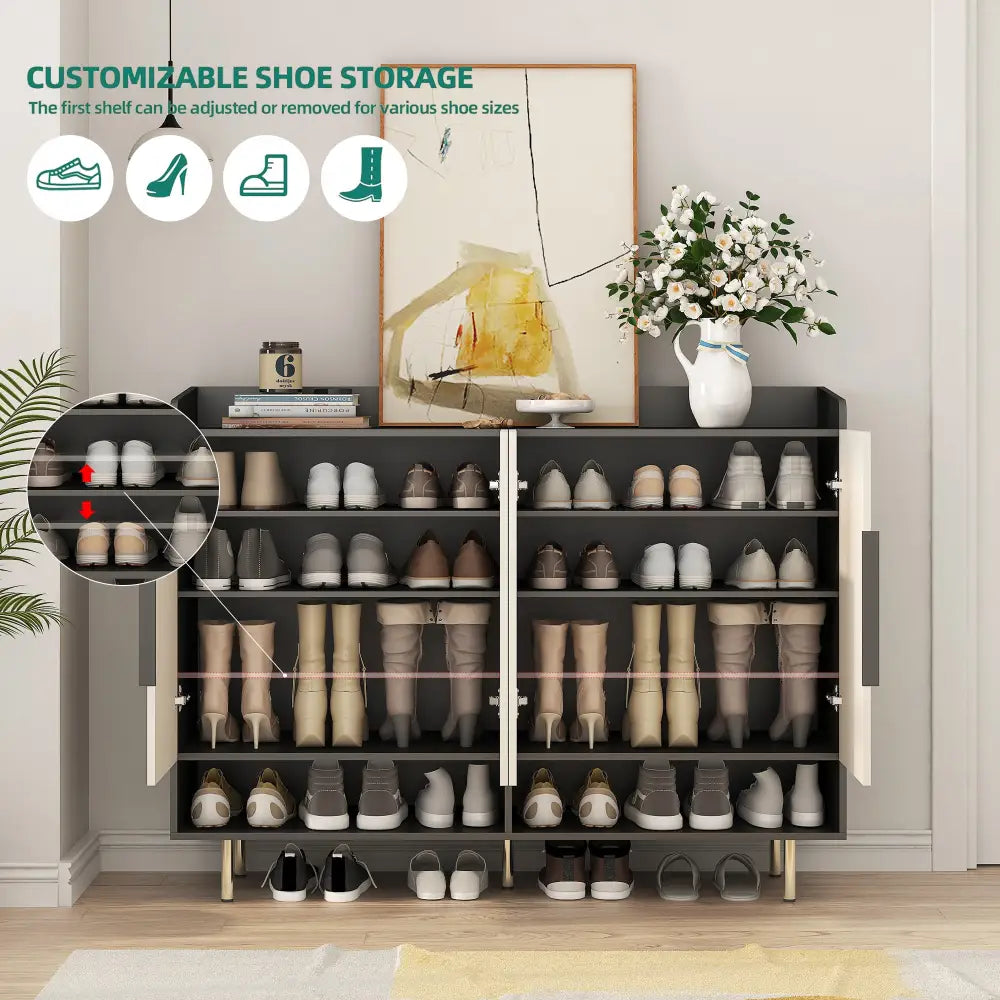 Shoe Cabinet with 4 Doors Large Modern Shoe Storage Organizer Cabinet with Adjustable Shelves for Entryway Black Shoe Rack Cabinet MLNshops]