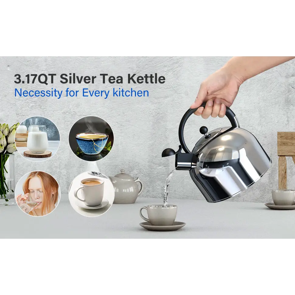 Stainless Steel Whistling Tea Kettle, 3.17 Quart, Teapot for Stove top with Wide Mouth, Easy Pouring Spout and Ergonomic Handle, Silver MLNshops]