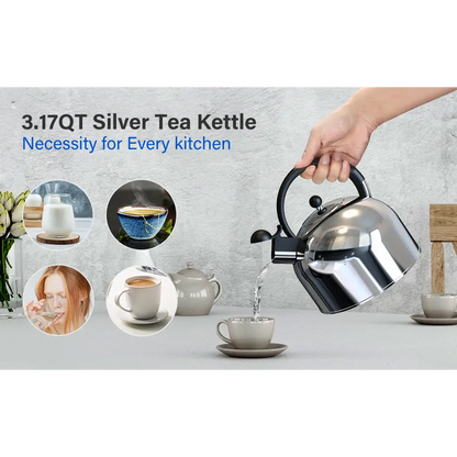 Stainless Steel Whistling Tea Kettle, 3.17 Quart, Teapot for Stove top with Wide Mouth, Easy Pouring Spout and Ergonomic Handle, Silver MLNshops]