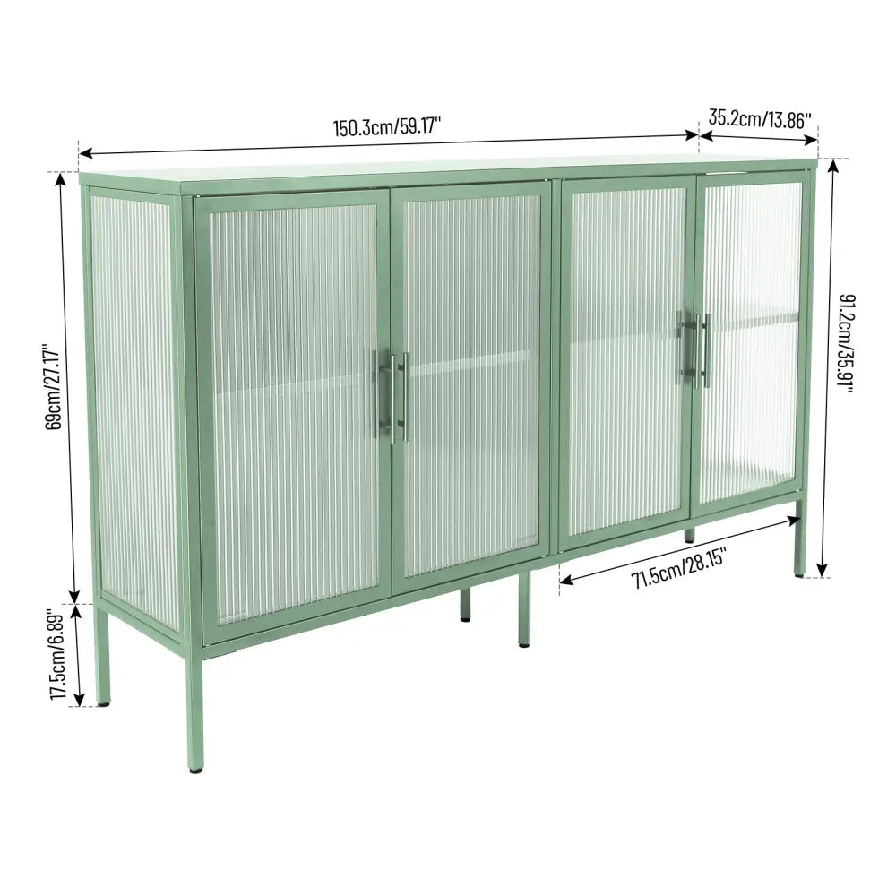 Stylish 4-Door Tempered Glass Cabinet with 4 Glass Doors Adjustable Shelf and Feet Anti-Tip Dust-free Fluted Glass Kitchen Credenza Light Green MLNshops]