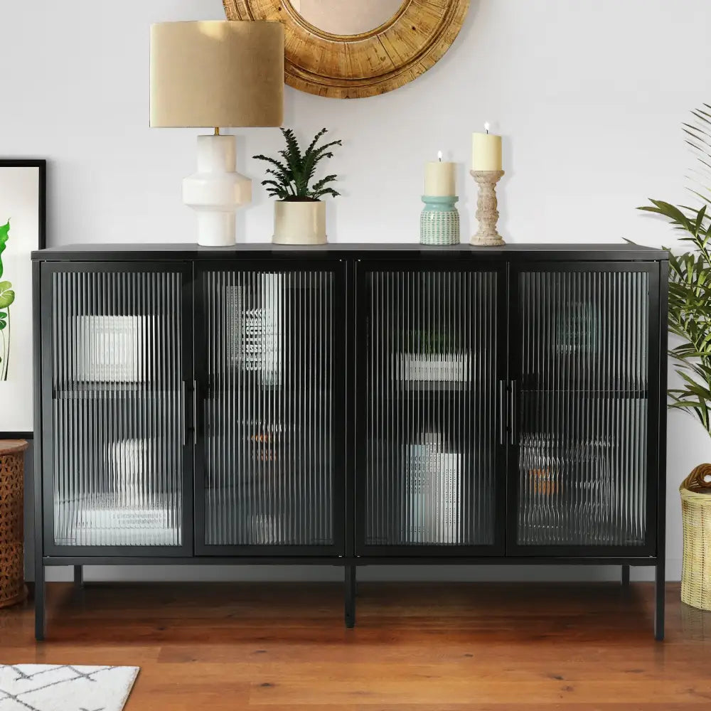 Stylish 4-Door Tempered Glass Cabinet with 4 Glass Doors Adjustable Shelf and Feet Anti-Tip Dust-free Fluted Glass Kitchen Credenza Black MLNshops]