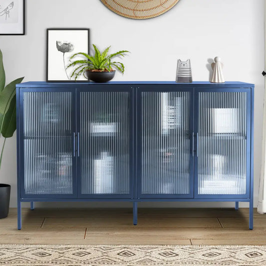 Stylish 4-Door Tempered Glass Cabinet with 4 Glass Doors Adjustable Shelf and Feet Anti-Tip Dust-free Fluted Glass Kitchen Credenza Blue MLNshops]