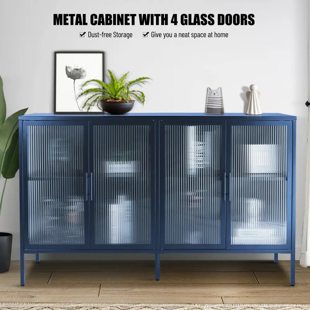 Stylish 4-Door Tempered Glass Cabinet with 4 Glass Doors Adjustable Shelf and Feet Anti-Tip Dust-free Fluted Glass Kitchen Credenza Blue MLNshops]