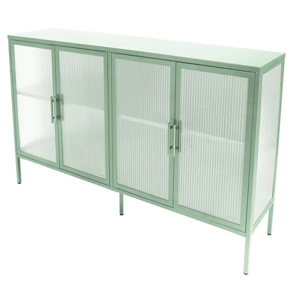 Stylish 4-Door Tempered Glass Cabinet with 4 Glass Doors Adjustable Shelf and Feet Anti-Tip Dust-free Fluted Glass Kitchen Credenza Light Green MLNshops]