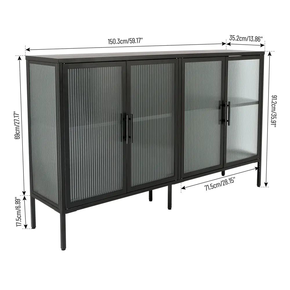 Stylish 4-Door Tempered Glass Cabinet with 4 Glass Doors Adjustable Shelf and Feet Anti-Tip Dust-free Fluted Glass Kitchen Credenza Black MLNshops]