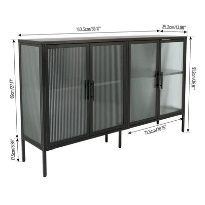 Stylish 4-Door Tempered Glass Cabinet with 4 Glass Doors Adjustable Shelf and Feet Anti-Tip Dust-free Fluted Glass Kitchen Credenza Black MLNshops]