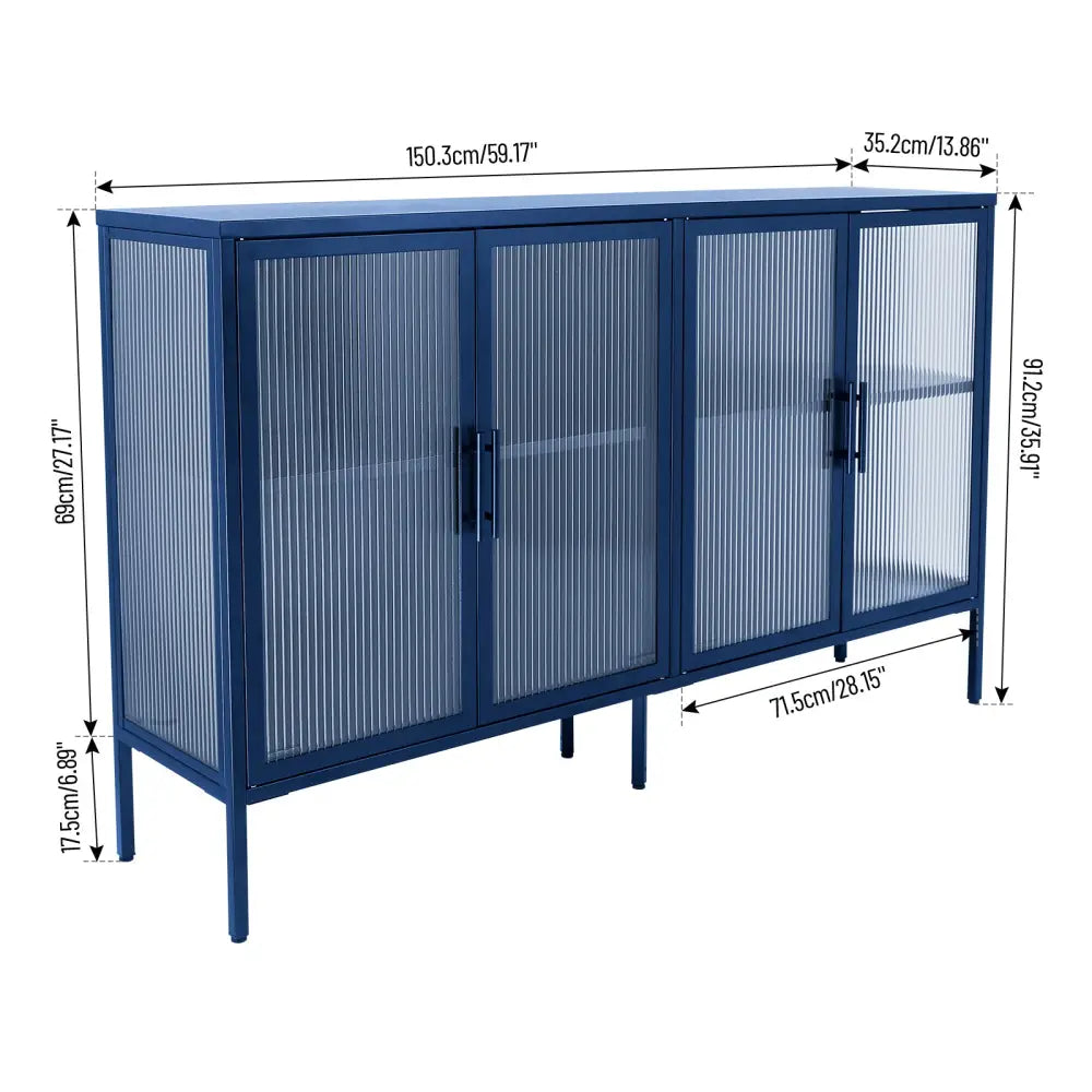 Stylish 4-Door Tempered Glass Cabinet with 4 Glass Doors Adjustable Shelf and Feet Anti-Tip Dust-free Fluted Glass Kitchen Credenza Blue MLNshops]