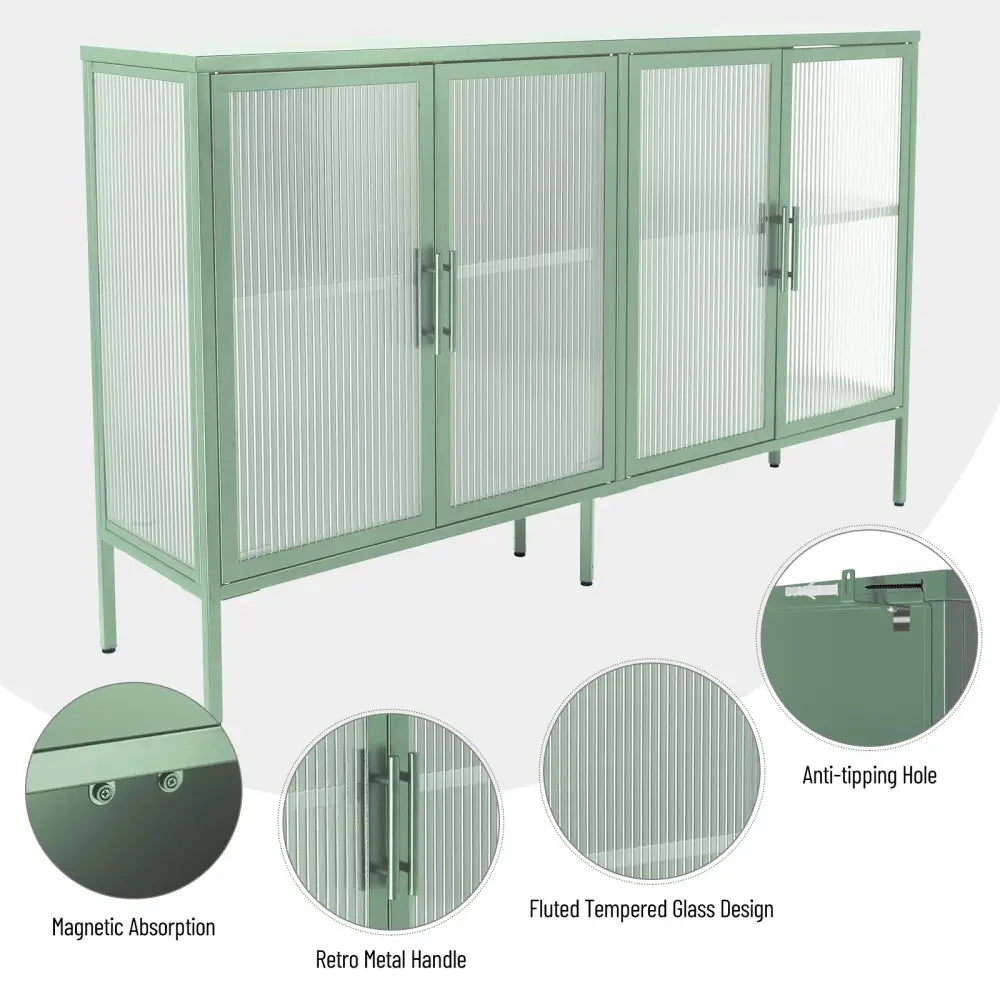 Stylish 4-Door Tempered Glass Cabinet with 4 Glass Doors Adjustable Shelf and Feet Anti-Tip Dust-free Fluted Glass Kitchen Credenza Light Green MLNshops]