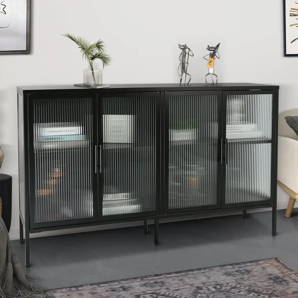 Stylish 4-Door Tempered Glass Cabinet with 4 Glass Doors Adjustable Shelf and Feet Anti-Tip Dust-free Fluted Glass Kitchen Credenza Black MLNshops]