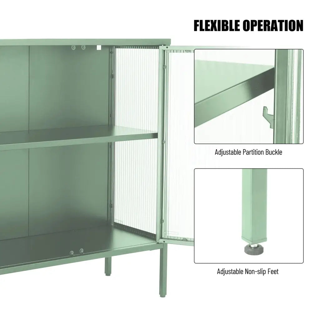 Stylish 4-Door Tempered Glass Cabinet with 4 Glass Doors Adjustable Shelf and Feet Anti-Tip Dust-free Fluted Glass Kitchen Credenza Light Green MLNshops]