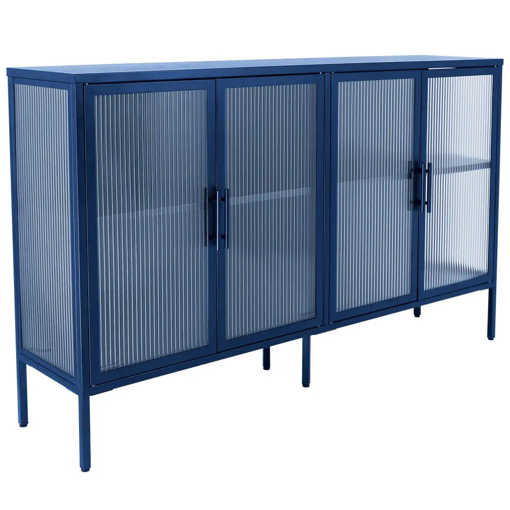 Stylish 4-Door Tempered Glass Cabinet with 4 Glass Doors Adjustable Shelf and Feet Anti-Tip Dust-free Fluted Glass Kitchen Credenza Blue MLNshops]