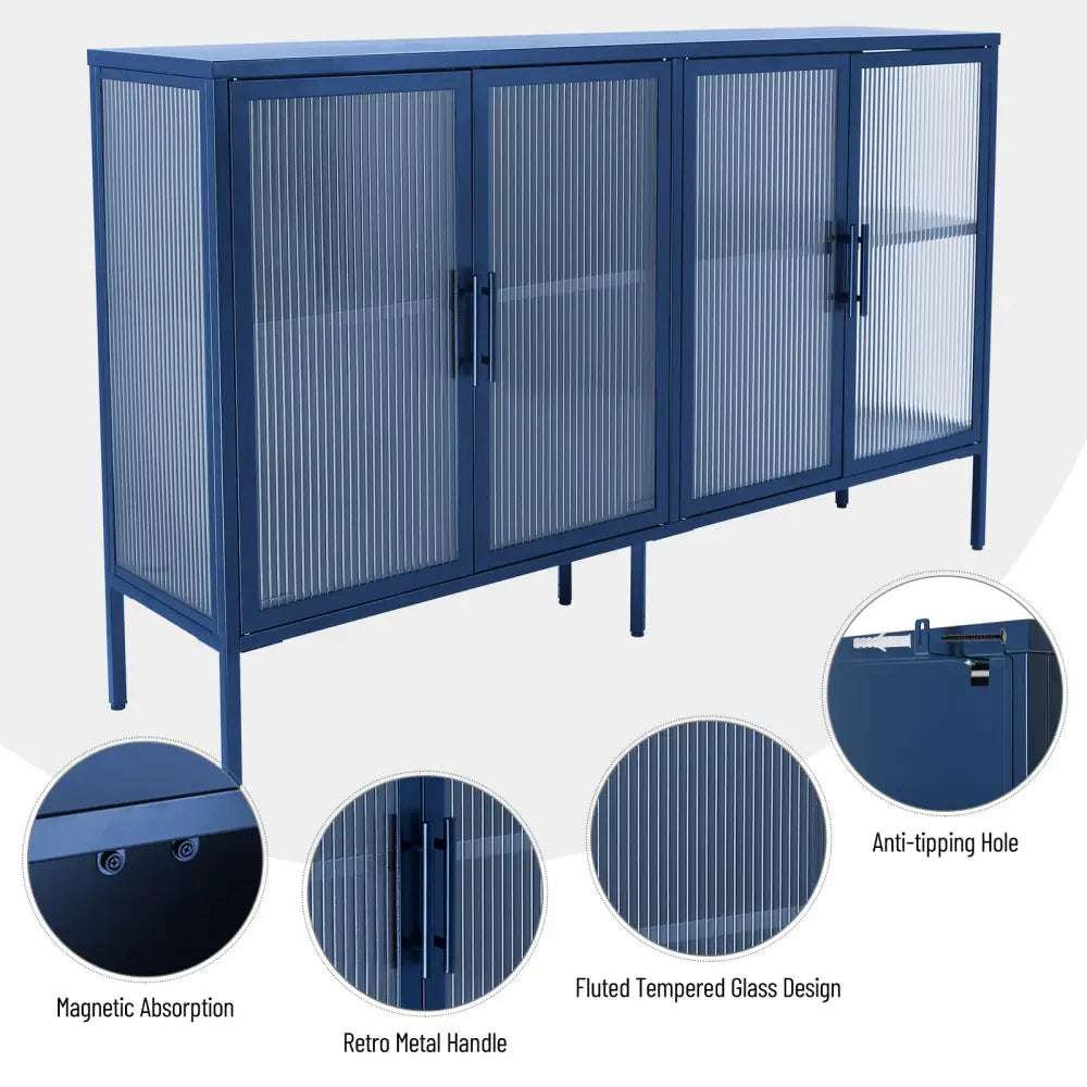 Stylish 4-Door Tempered Glass Cabinet with 4 Glass Doors Adjustable Shelf and Feet Anti-Tip Dust-free Fluted Glass Kitchen Credenza Blue MLNshops]