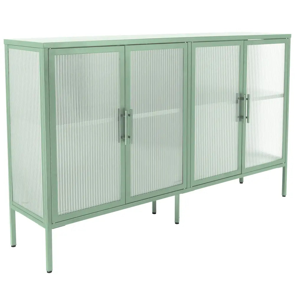 Stylish 4-Door Tempered Glass Cabinet with 4 Glass Doors Adjustable Shelf and Feet Anti-Tip Dust-free Fluted Glass Kitchen Credenza Light Green MLNshops]