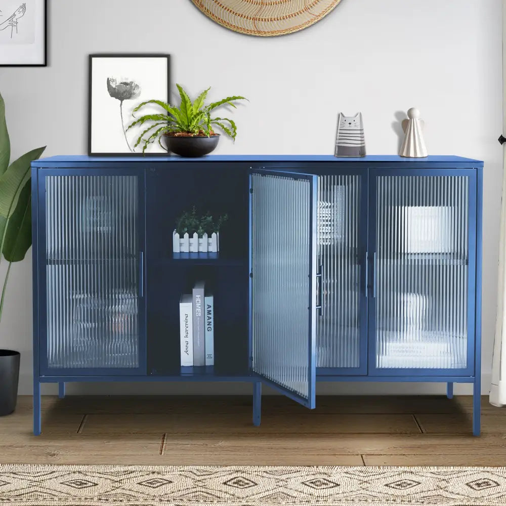 Stylish 4-Door Tempered Glass Cabinet with 4 Glass Doors Adjustable Shelf and Feet Anti-Tip Dust-free Fluted Glass Kitchen Credenza Blue MLNshops]