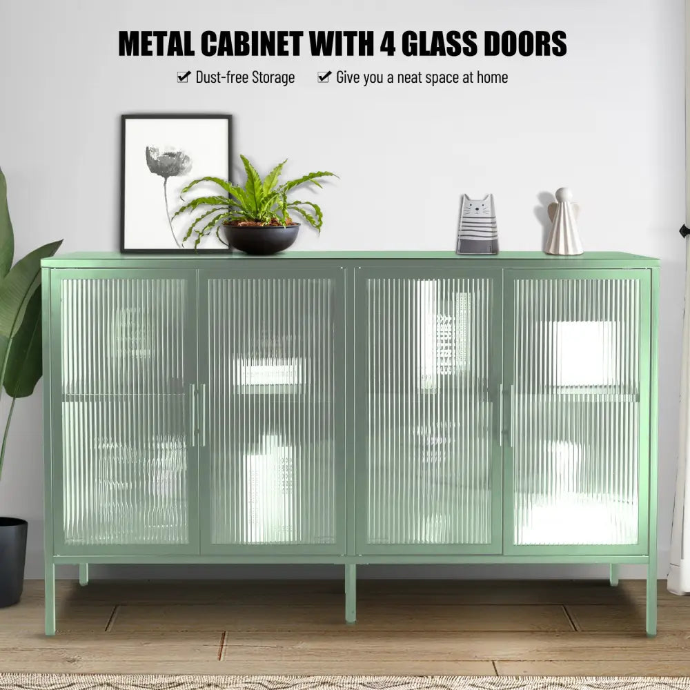 Stylish 4-Door Tempered Glass Cabinet with 4 Glass Doors Adjustable Shelf and Feet Anti-Tip Dust-free Fluted Glass Kitchen Credenza Light Green MLNshops]