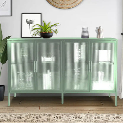 Stylish 4-Door Tempered Glass Cabinet with 4 Glass Doors Adjustable Shelf and Feet Anti-Tip Dust-free Fluted Glass Kitchen Credenza Light Green MLNshops]