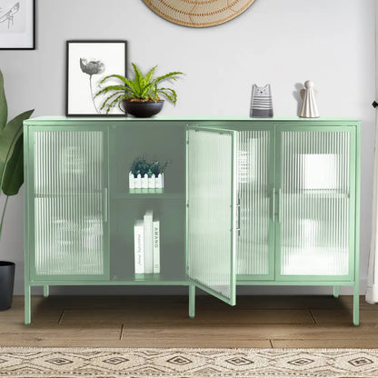 Stylish 4-Door Tempered Glass Cabinet with 4 Glass Doors Adjustable Shelf and Feet Anti-Tip Dust-free Fluted Glass Kitchen Credenza Light Green MLNshops]