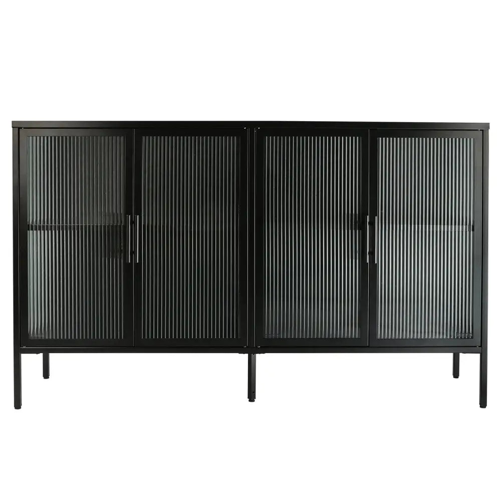 Stylish 4-Door Tempered Glass Cabinet with 4 Glass Doors Adjustable Shelf and Feet Anti-Tip Dust-free Fluted Glass Kitchen Credenza Black MLNshops]