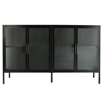 Stylish 4-Door Tempered Glass Cabinet with 4 Glass Doors Adjustable Shelf and Feet Anti-Tip Dust-free Fluted Glass Kitchen Credenza Black MLNshops]