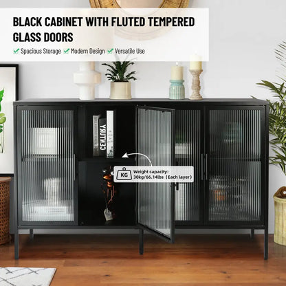 Stylish 4-Door Tempered Glass Cabinet with 4 Glass Doors Adjustable Shelf and Feet Anti-Tip Dust-free Fluted Glass Kitchen Credenza Black MLNshops]