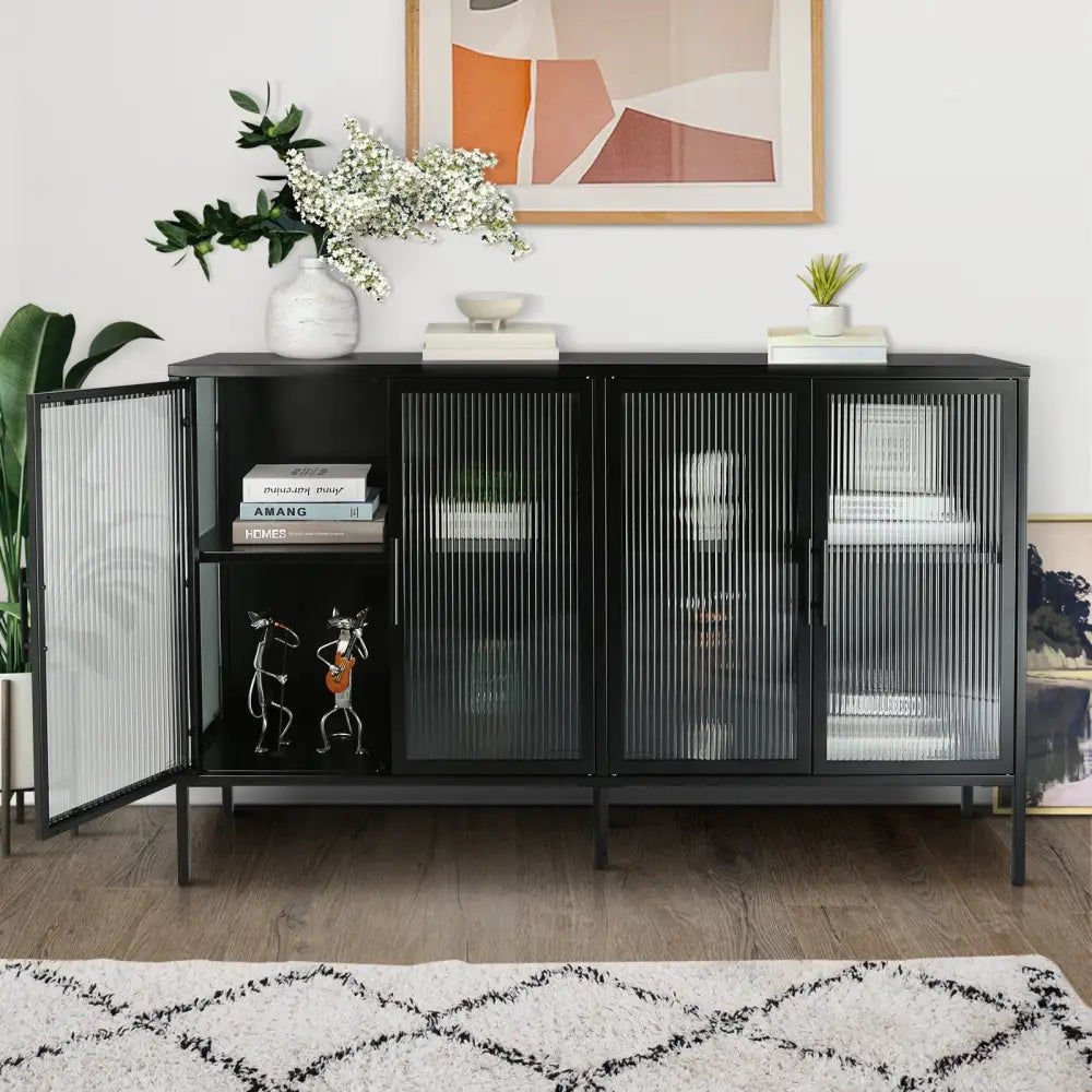 Stylish 4-Door Tempered Glass Cabinet with 4 Glass Doors Adjustable Shelf and Feet Anti-Tip Dust-free Fluted Glass Kitchen Credenza Black MLNshops]