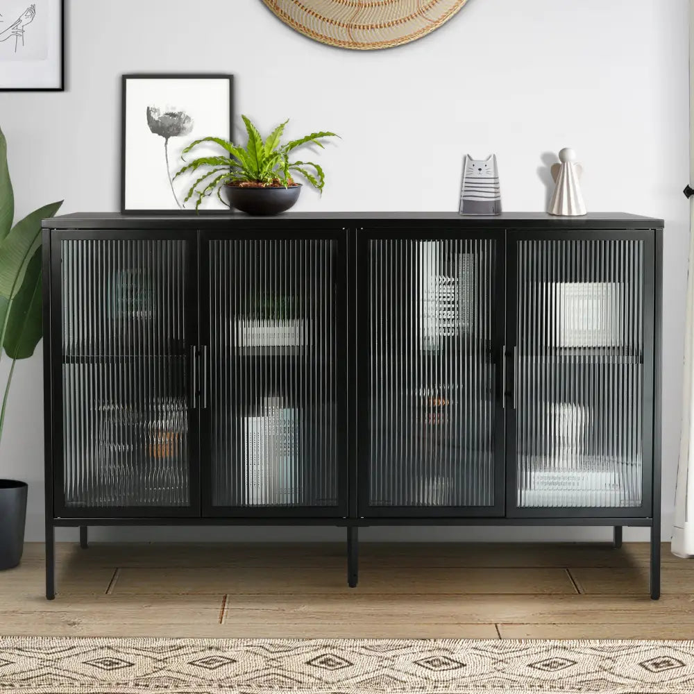 Stylish 4-Door Tempered Glass Cabinet with 4 Glass Doors Adjustable Shelf and Feet Anti-Tip Dust-free Fluted Glass Kitchen Credenza Black MLNshops]