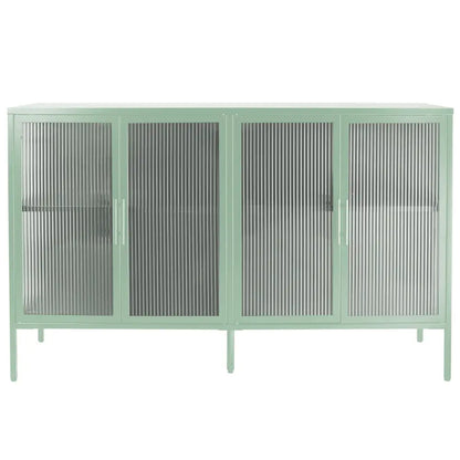 Stylish 4-Door Tempered Glass Cabinet with 4 Glass Doors Adjustable Shelf and Feet Anti-Tip Dust-free Fluted Glass Kitchen Credenza Light Green MLNshops]