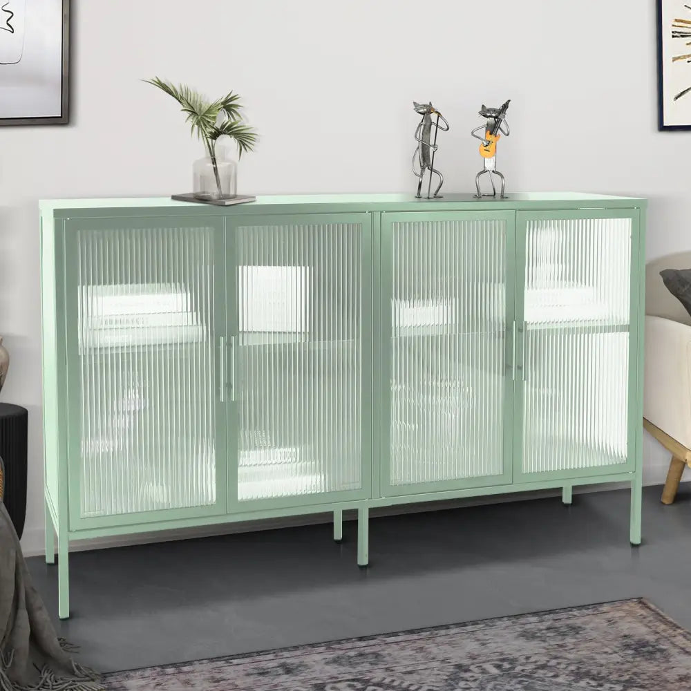 Stylish 4-Door Tempered Glass Cabinet with 4 Glass Doors Adjustable Shelf and Feet Anti-Tip Dust-free Fluted Glass Kitchen Credenza Light Green MLNshops]