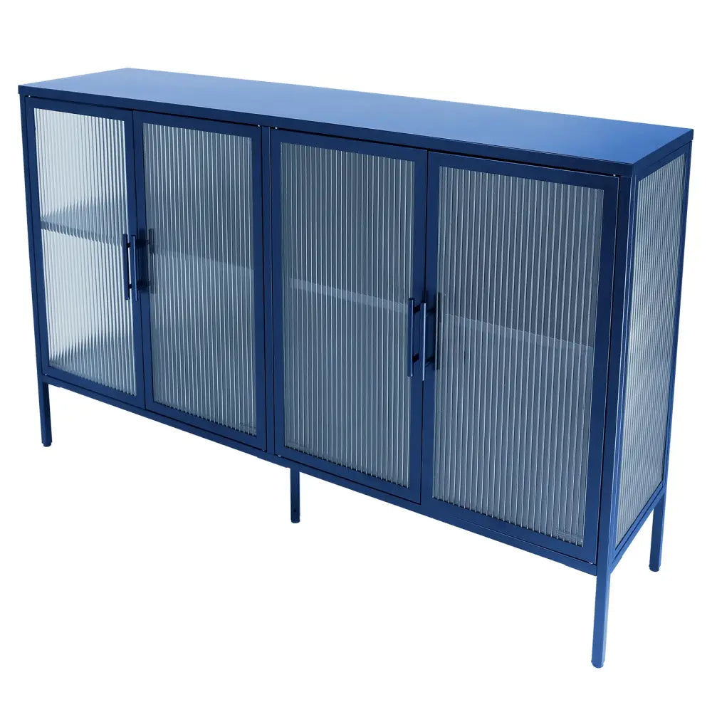 Stylish 4-Door Tempered Glass Cabinet with 4 Glass Doors Adjustable Shelf and Feet Anti-Tip Dust-free Fluted Glass Kitchen Credenza Blue MLNshops]