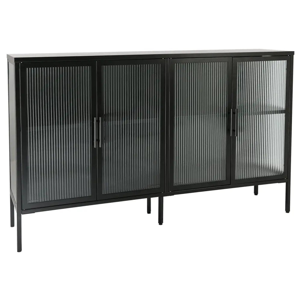 Stylish 4-Door Tempered Glass Cabinet with 4 Glass Doors Adjustable Shelf and Feet Anti-Tip Dust-free Fluted Glass Kitchen Credenza Black MLNshops]