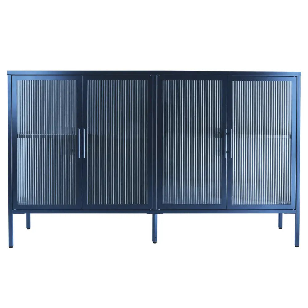 Stylish 4-Door Tempered Glass Cabinet with 4 Glass Doors Adjustable Shelf and Feet Anti-Tip Dust-free Fluted Glass Kitchen Credenza Blue MLNshops]