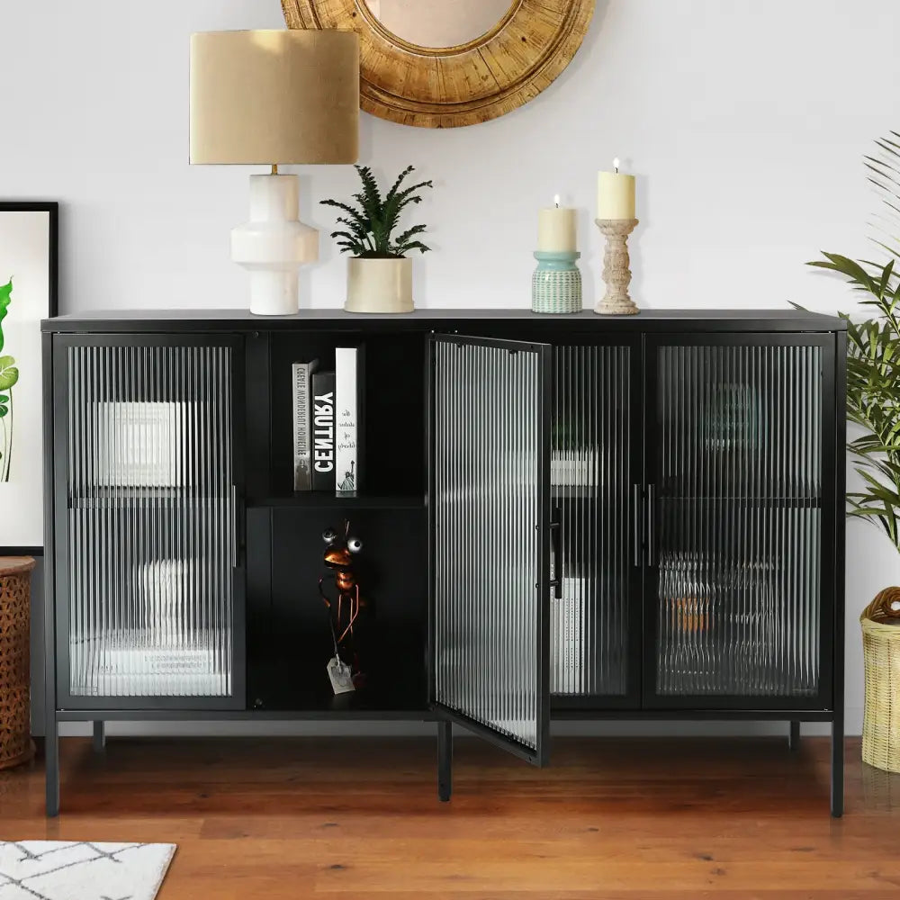 Stylish 4-Door Tempered Glass Cabinet with 4 Glass Doors Adjustable Shelf and Feet Anti-Tip Dust-free Fluted Glass Kitchen Credenza Black MLNshops]