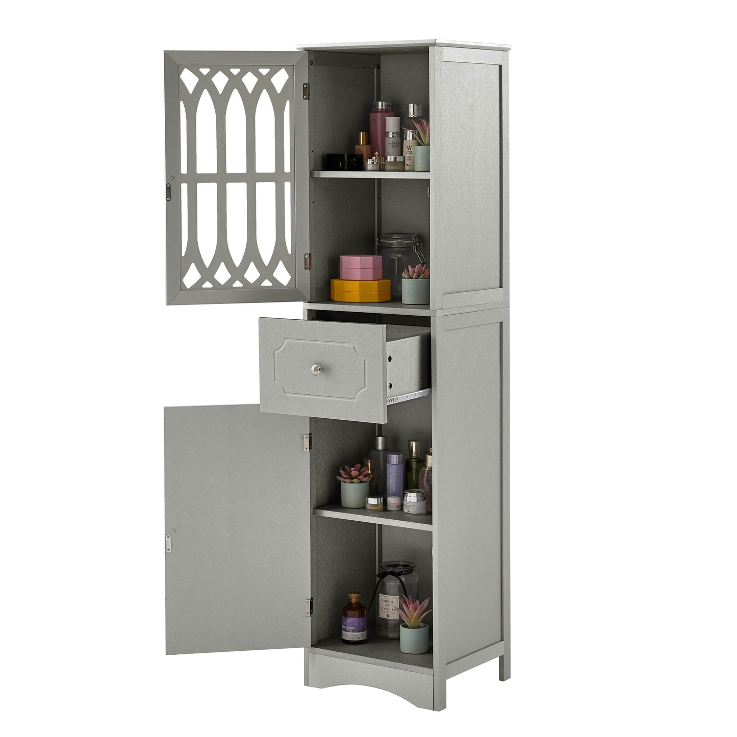 MLNshops Gray tall bathroom cabinet with doors and drawer