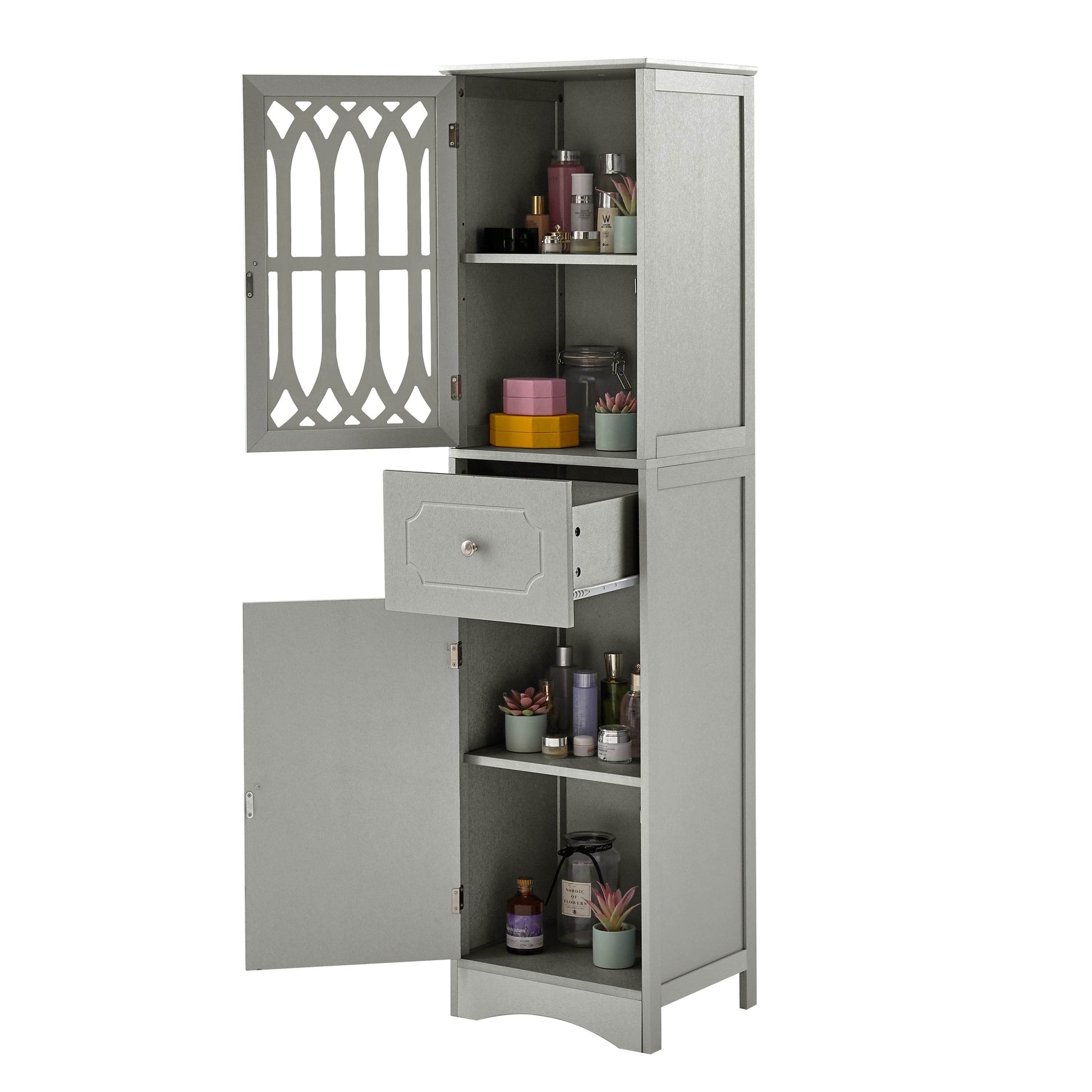 MLNshops Gray tall bathroom cabinet with doors and drawer