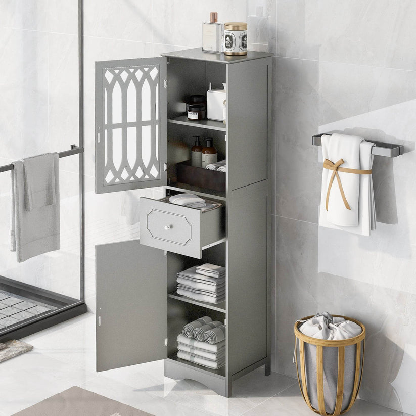 Tall bathroom cabinet with doors and drawer gray finish