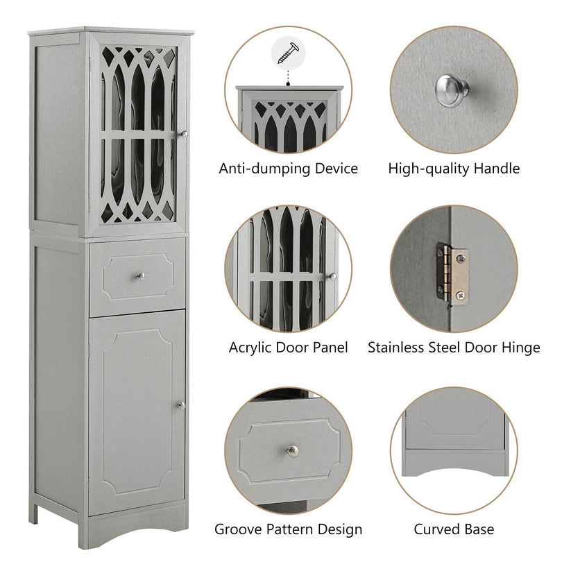 Gray tall bathroom cabinet with modern handles