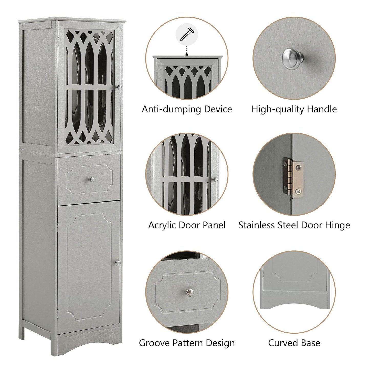 MLNshops Gray tall bathroom cabinet with doors and drawer