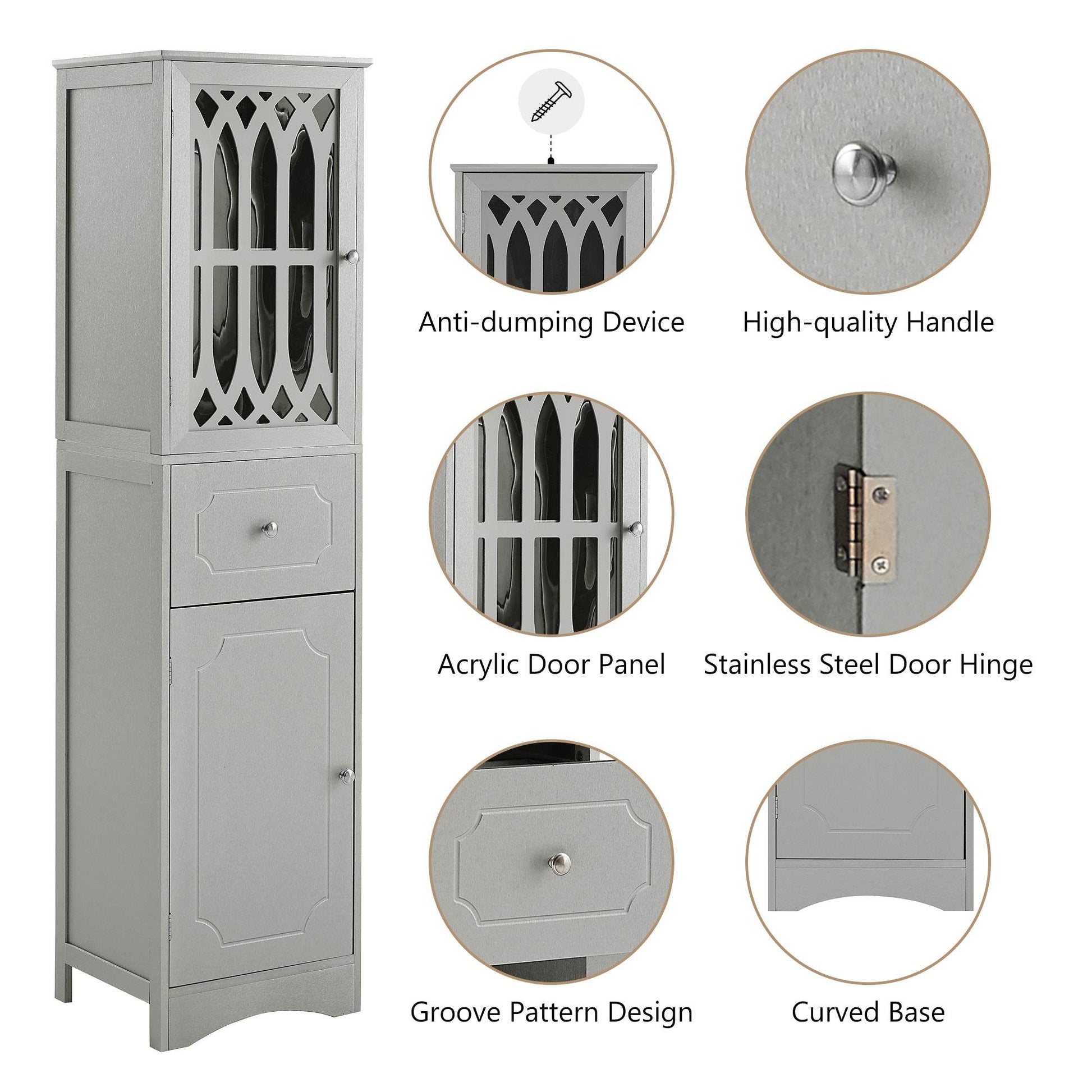 MLNshops Gray tall bathroom cabinet with doors and drawer