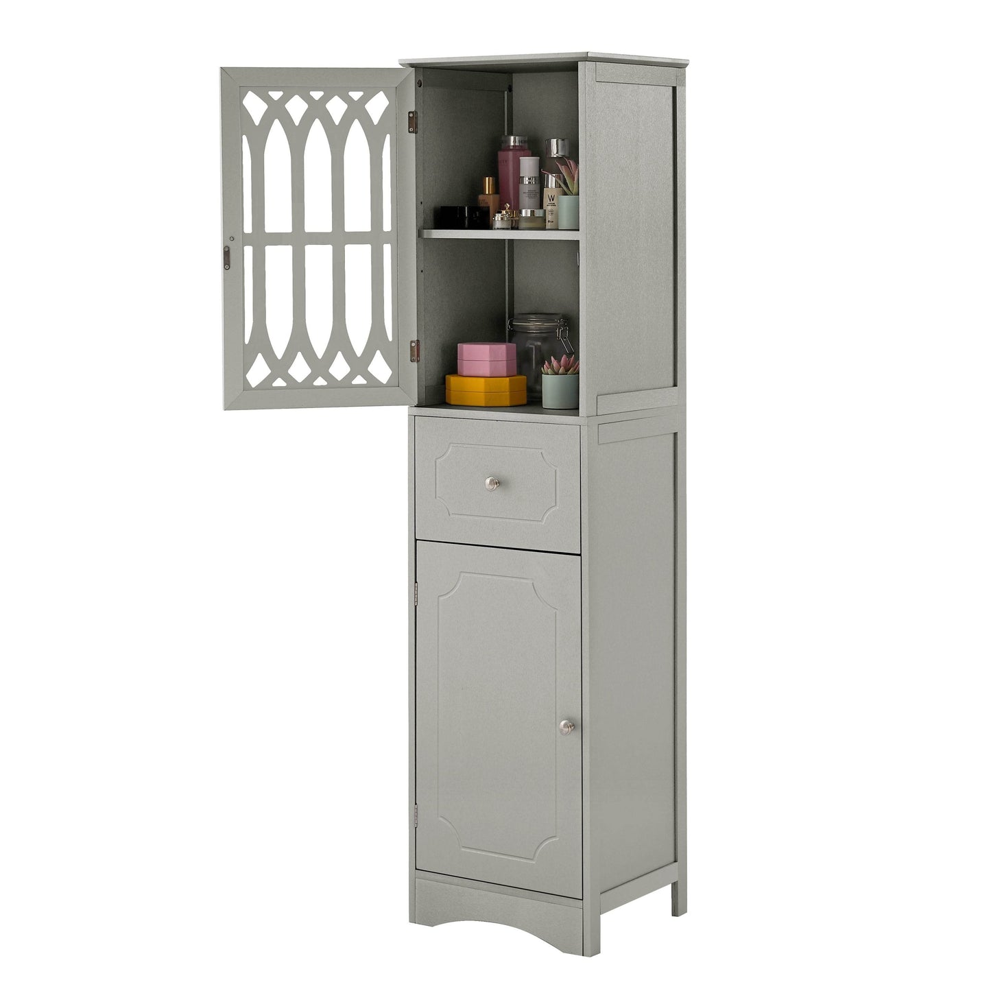 MLNshops Gray tall bathroom cabinet with doors and drawer